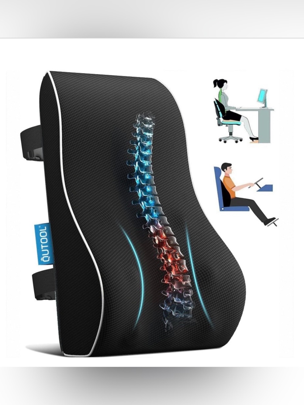 Lumbar Support Pillow with Adjustable Straps for Car or Office Chair - BLACK
